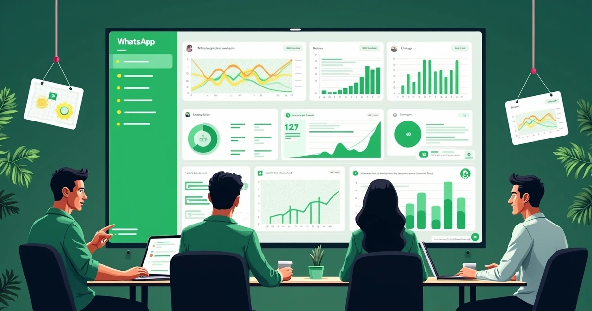 Interface de gestão de grupos WhatsApp exibindo painel de analytics, gráficos e listas de mensagens 