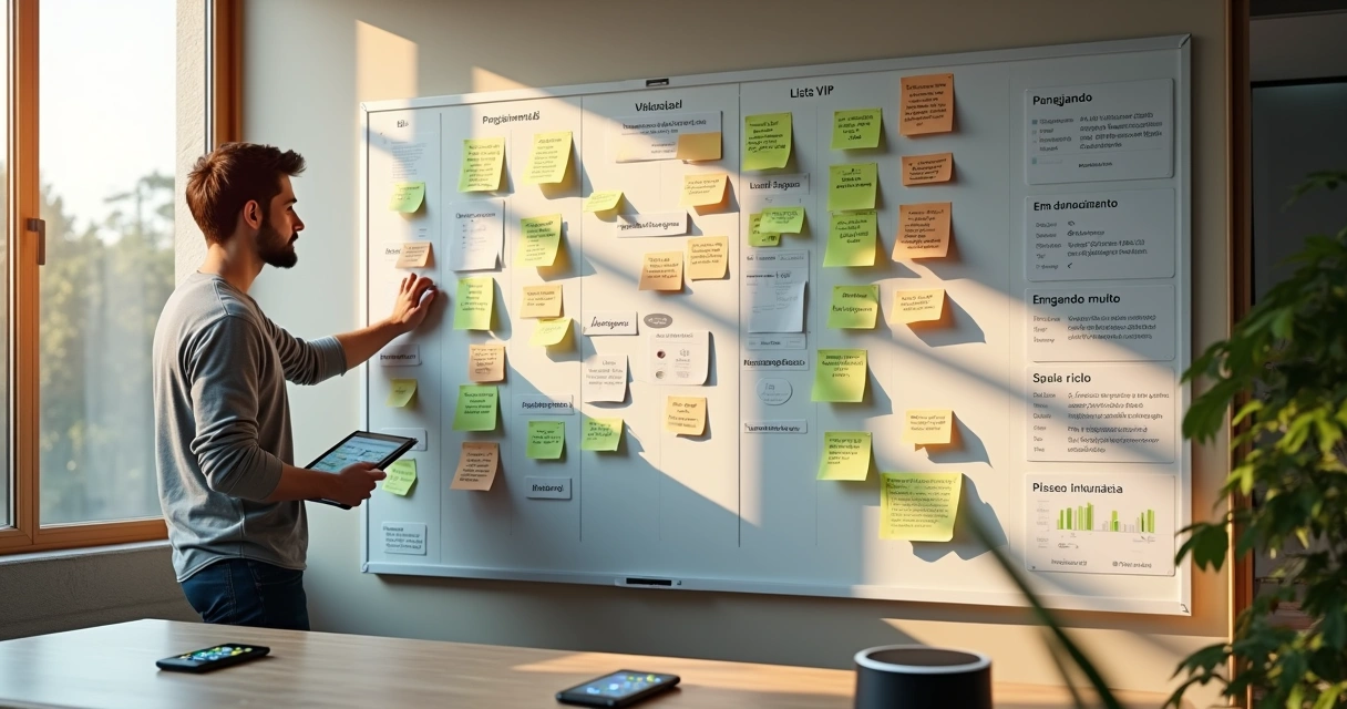 Profissional organizando mural colorido com atividades de grupos de WhatsApp 