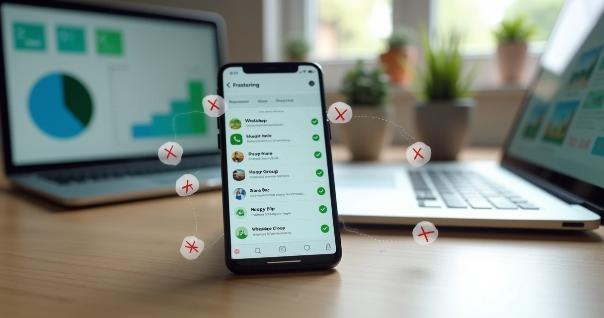 Tela de celular com grupos de WhatsApp organizados e ícones de spam bloqueados 