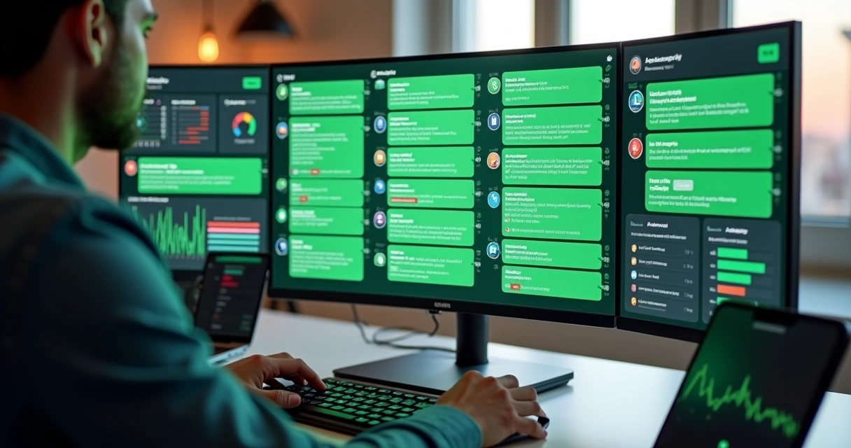 Gestor de marketing analisando grupos de WhatsApp lotados em tela com muitos alertas 