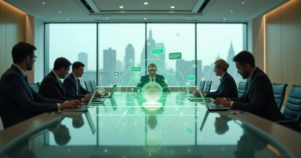 Sala de reunião governamental vista de cima com telas holográficas conectadas por ícones de mensagens 