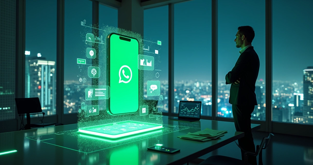 Executivo observa grande holograma de celular com ícones de IA e WhatsApp flutuando ao redor 