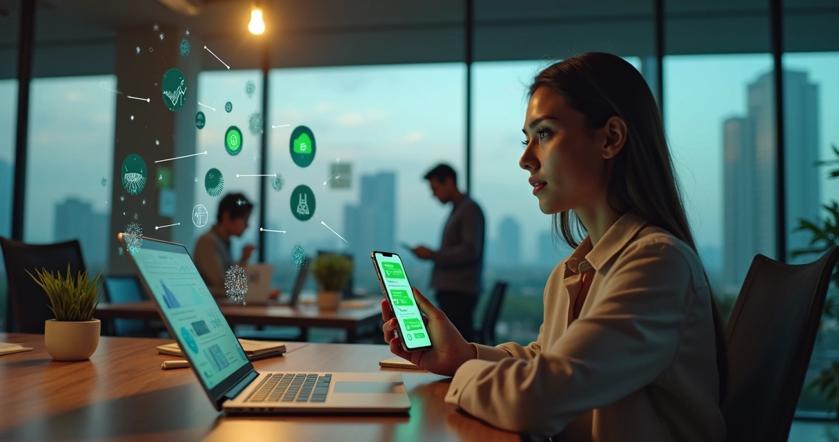 Empresária usando WhatsApp em smartphone com gráficos de crescimento e ícones de IA ao fundo 