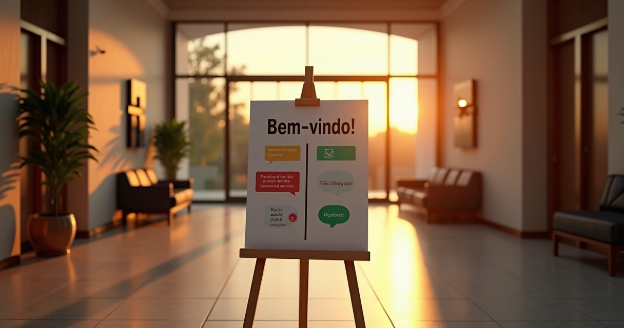 Corredor de igreja com placa de boas-vindas destacando notificações de WhatsApp 