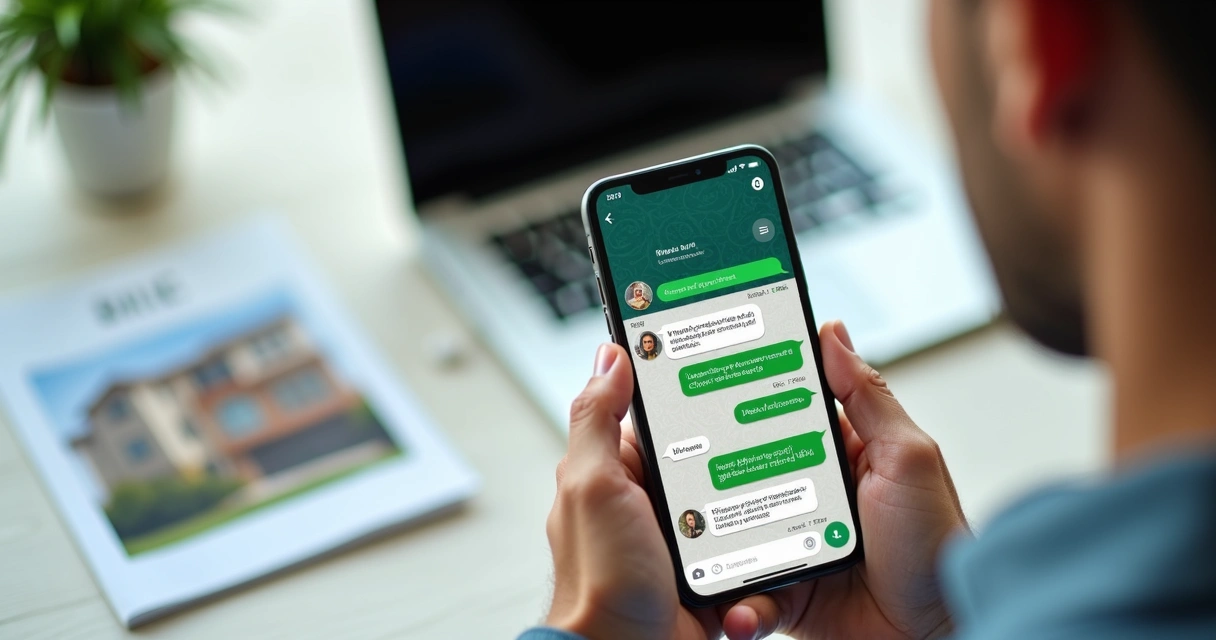 Representação de atendimento imobiliário via WhatsApp, com mensagens e ícones de imóveis em um smartphone. 