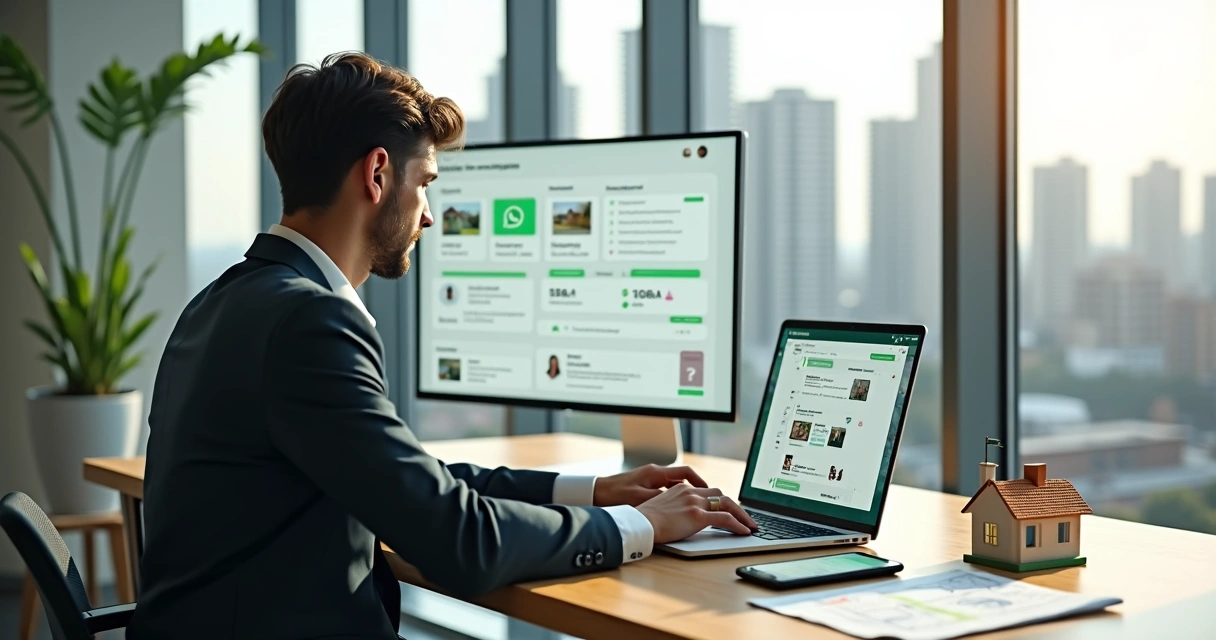 Corretor usando notebook com painel de WhatsApp para atender clientes interessados em imóveis 