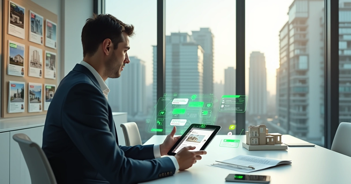 Corretor de imóveis usando tablet com WhatsApp para atendimento automatizado em imobiliária moderna 