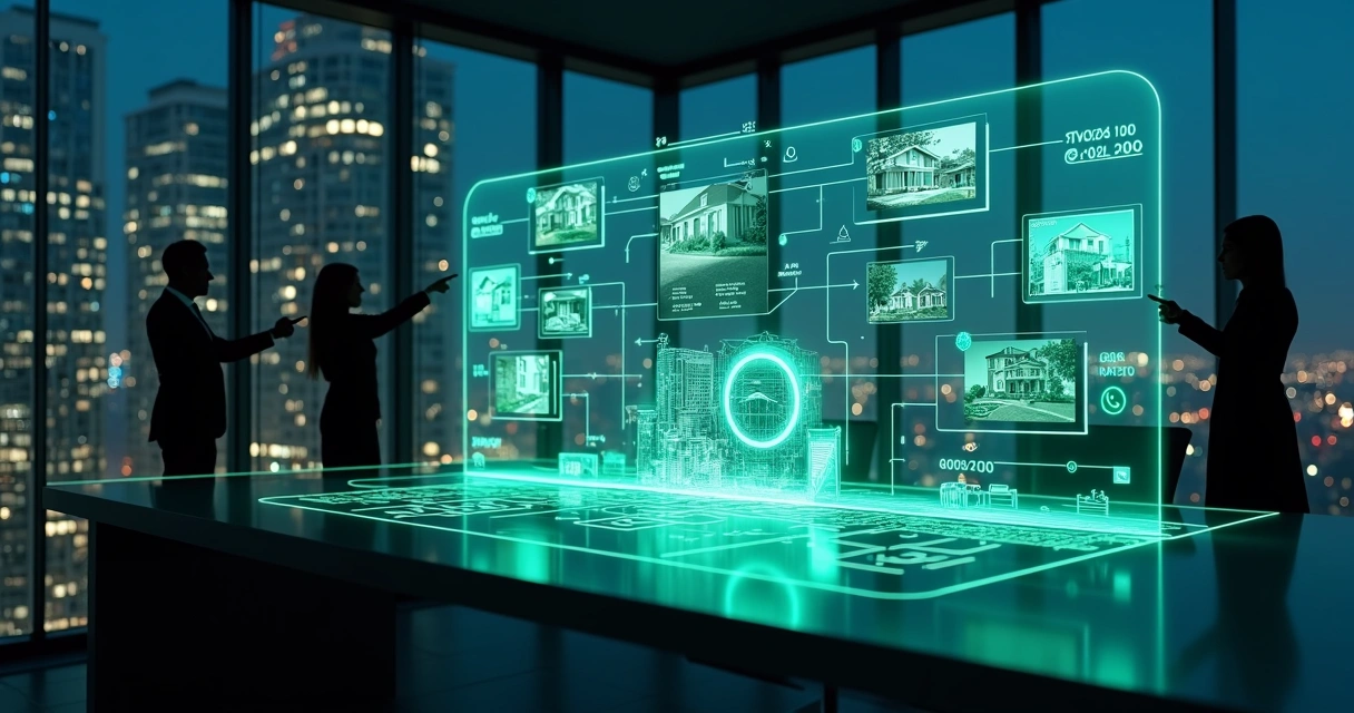 Painel digital mostrando integração de mensagens de WhatsApp com imóveis em destaque 