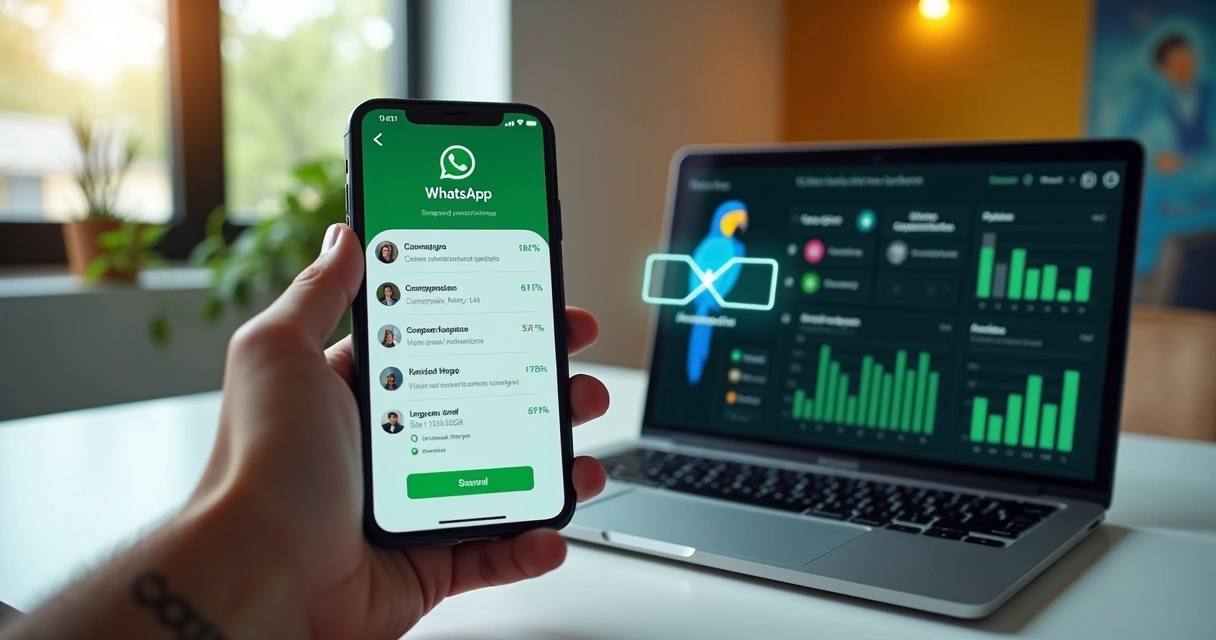 Tela de celular com WhatsApp aberto ao lado de painel de inteligência artificial para empresas 