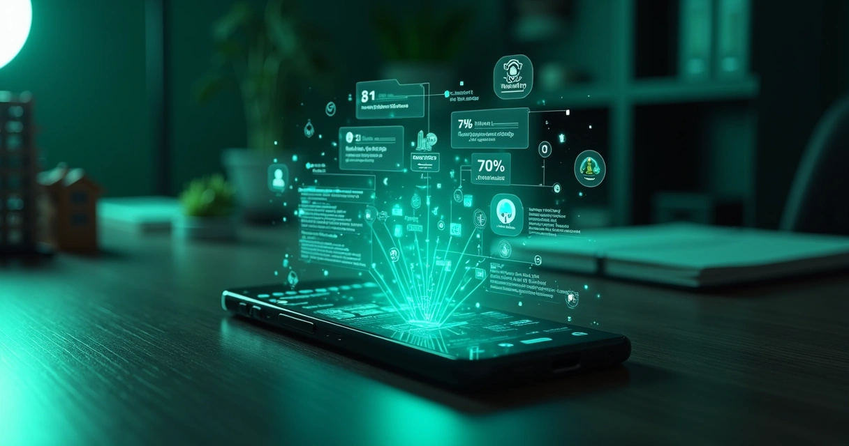 Smartphone exibindo conversas de WhatsApp se transformando em dados e gráficos holográficos de vendas 