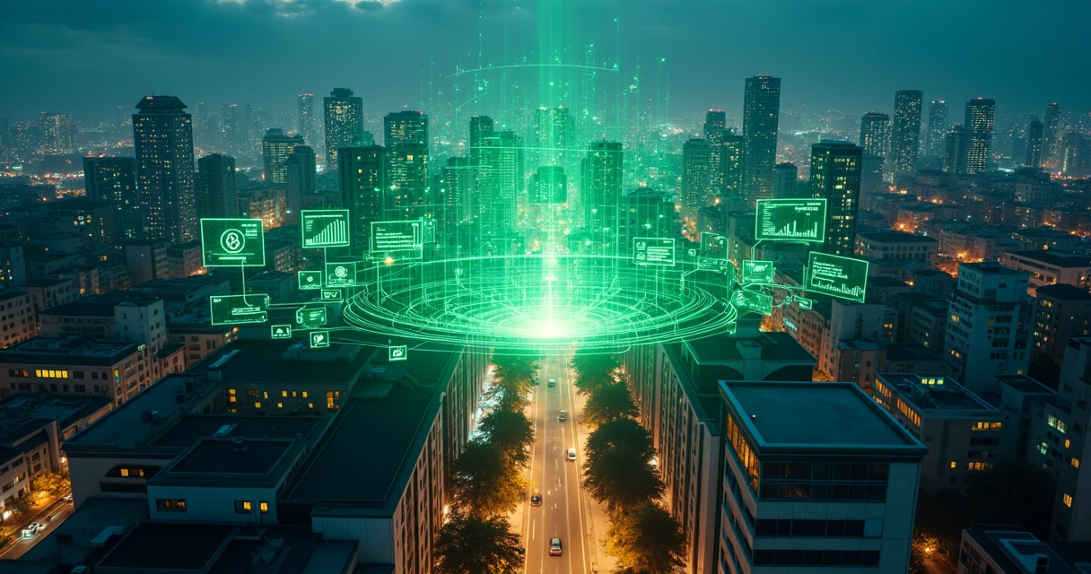 Fluxo de mensagens do WhatsApp se transformando em dados de vendas em uma cidade vista de cima 