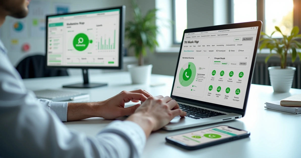 Marketing professional analyzing WhatsApp lead distribution dashboard on laptop 