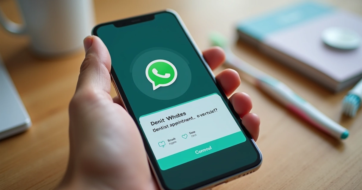 Celular com tela de WhatsApp mostrando lembrete de consulta odontológica 
