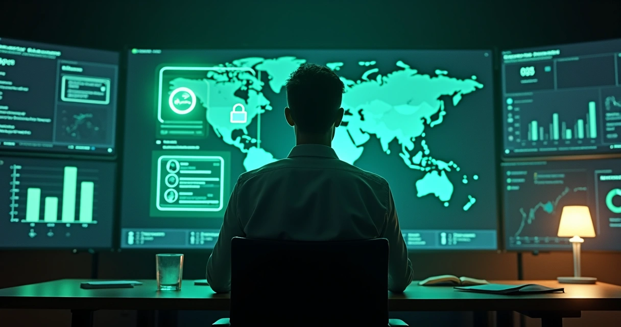 Profissional observa holograma de conversa de WhatsApp com cadeado de proteção de dados 