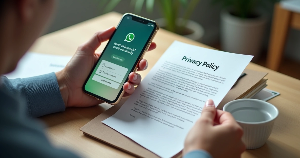Pessoa usando o WhatsApp enquanto lê um termo de privacidade 