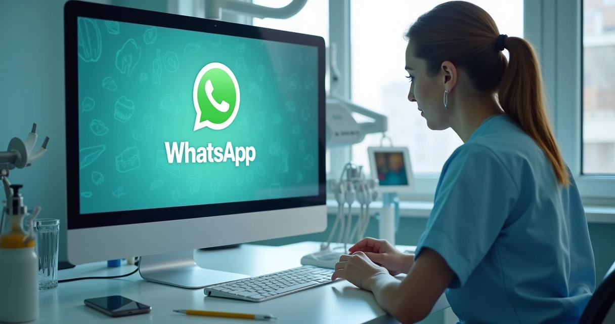 Conversa de WhatsApp sendo respondida em um monitor de clínica odontológica 