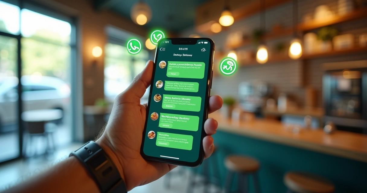 Smartphone mostrando conversa de WhatsApp com mensagens sobre pedidos de delivery e promoções 