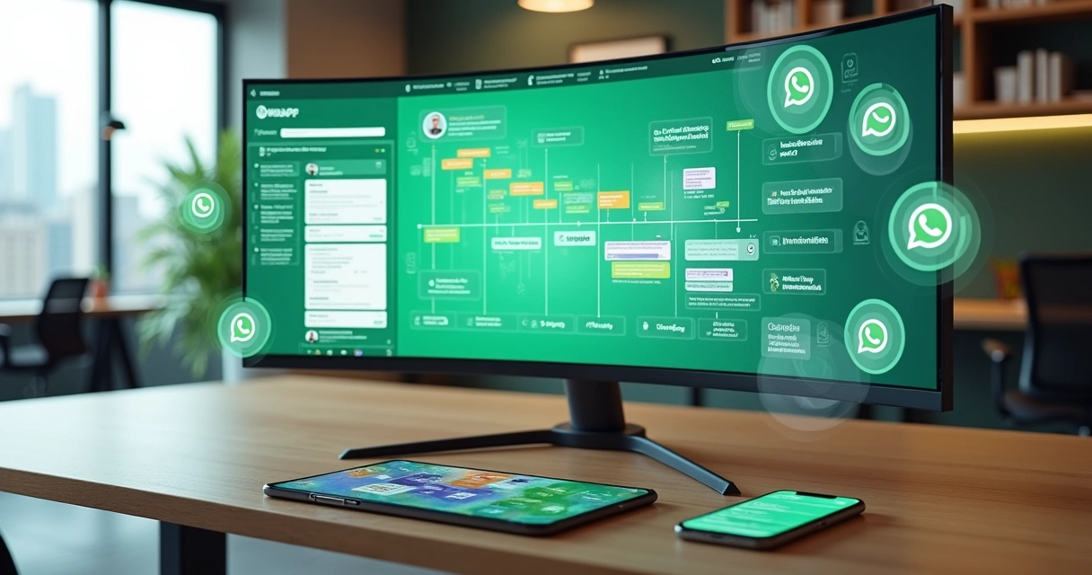 Painel digital com ícones de WhatsApp marketing, funil de vendas e automações 