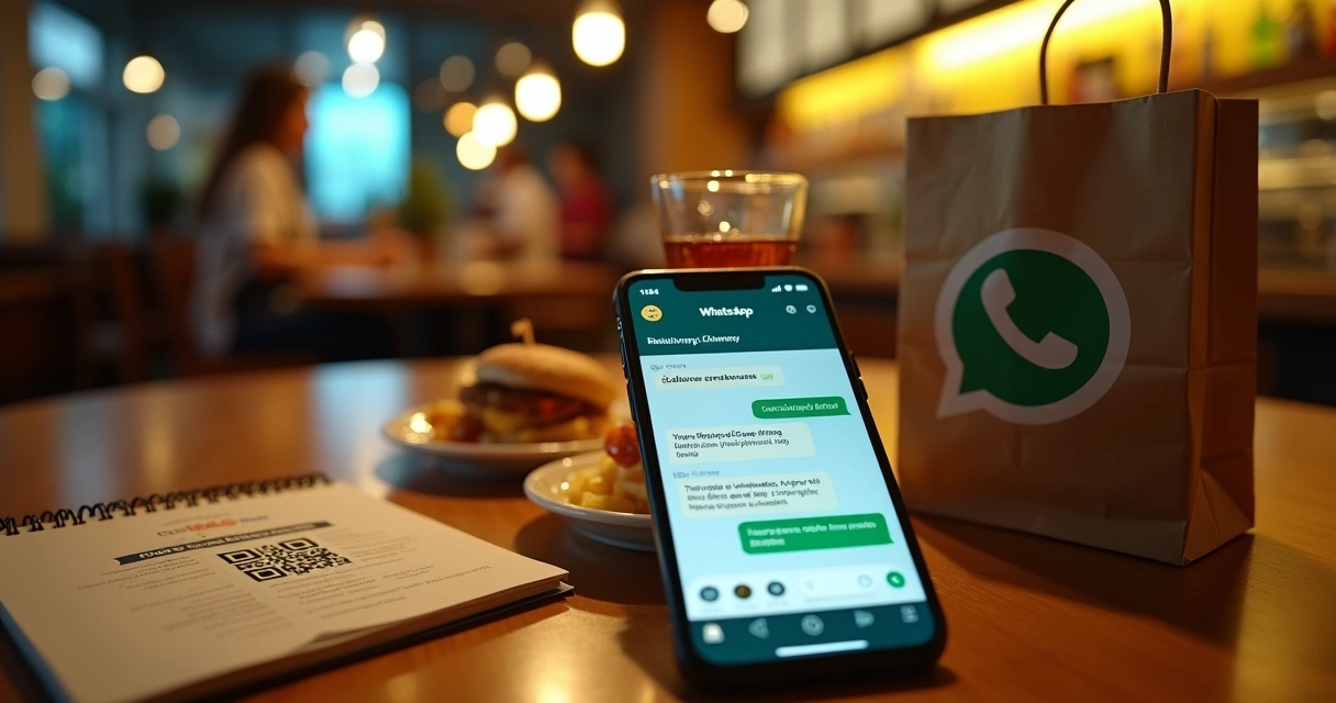 Celular mostrando usuário do WhatsApp em mesa de restaurante com foco em atendimento digital 