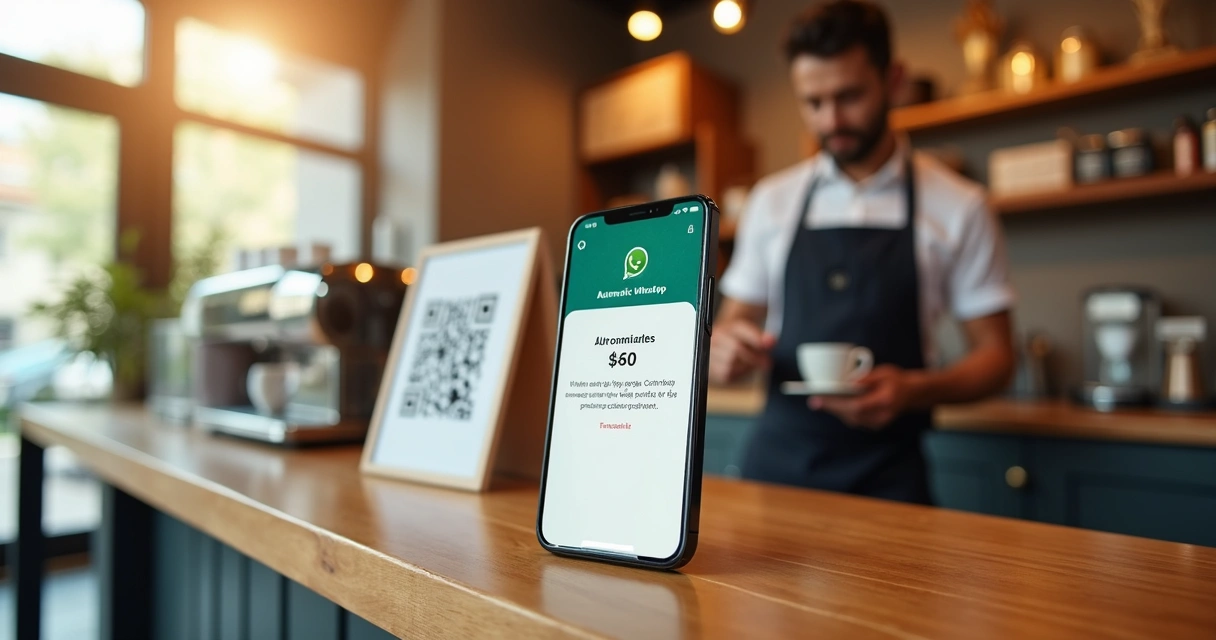 Celular mostrando mensagem automática do WhatsApp via QR Code 