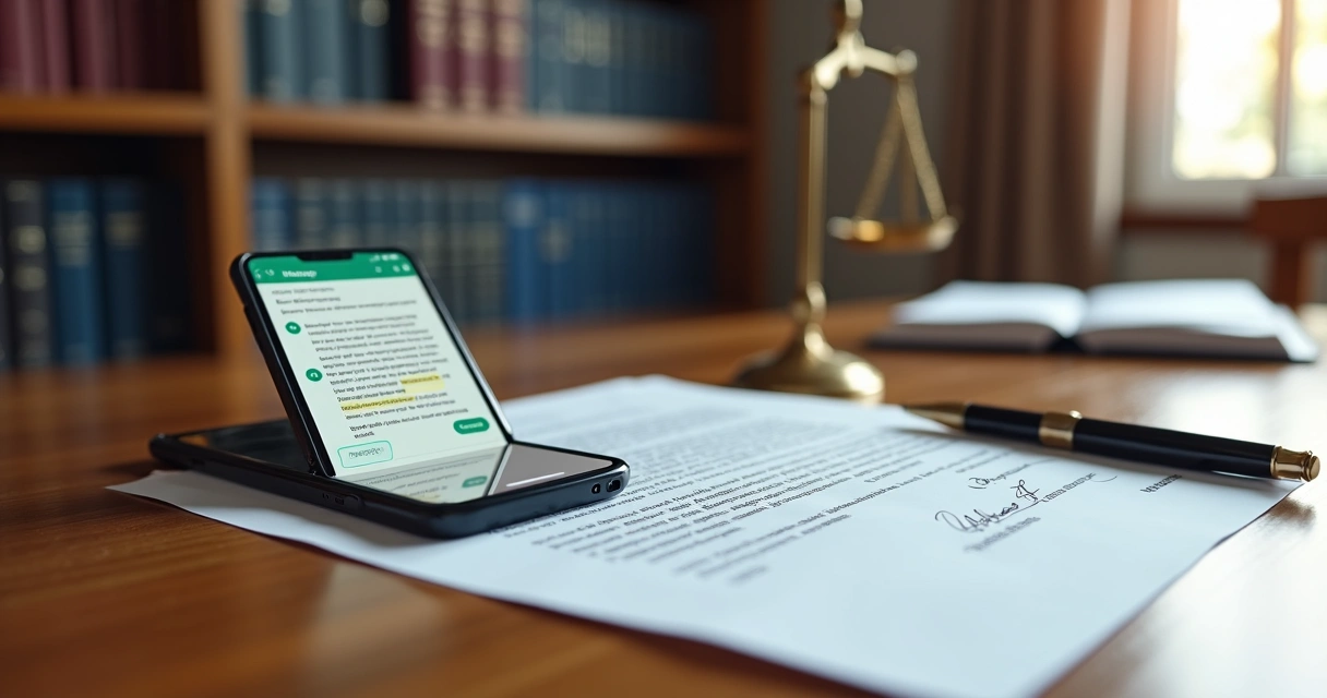 Tela de celular com conversa de WhatsApp ao lado de documento jurídico sobre mesa de advogado 