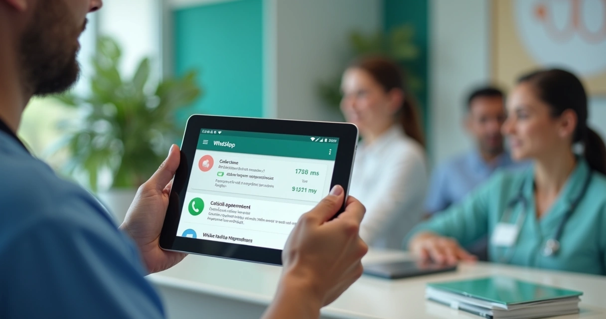 Dentista usando WhatsApp em tablet na recepção da clínica para agendar consultas 