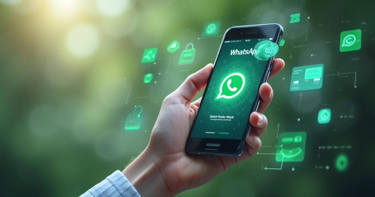 Smartphone com tela do WhatsApp exibindo ícones de pagamentos digitais e símbolos de dinheiro digital ao redor