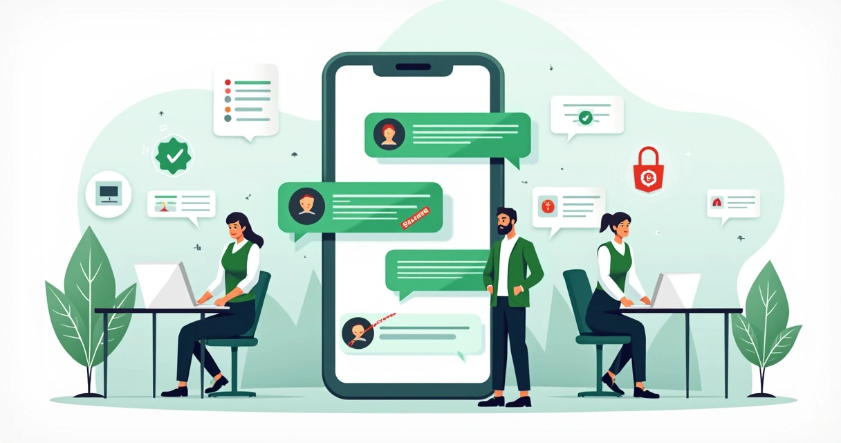 Ilustração de pequena empresa usando WhatsApp com proteção contra spam e contatos organizados 