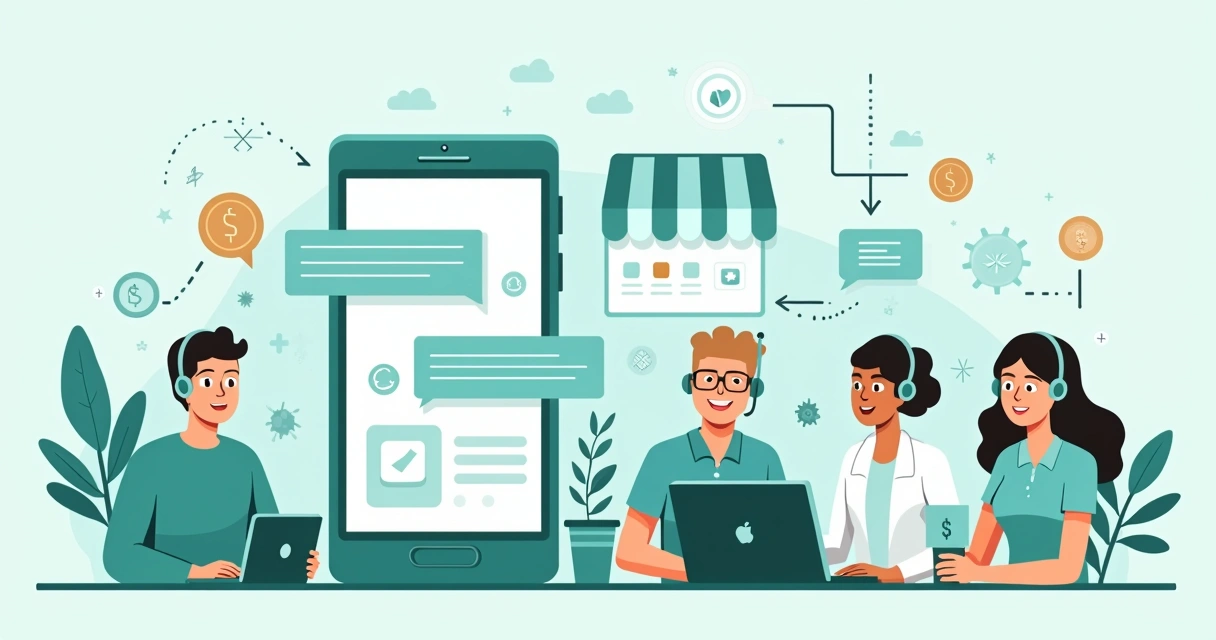 Ilustração de pequena empresa usando WhatsApp em equipe para reduzir custos operacionais 