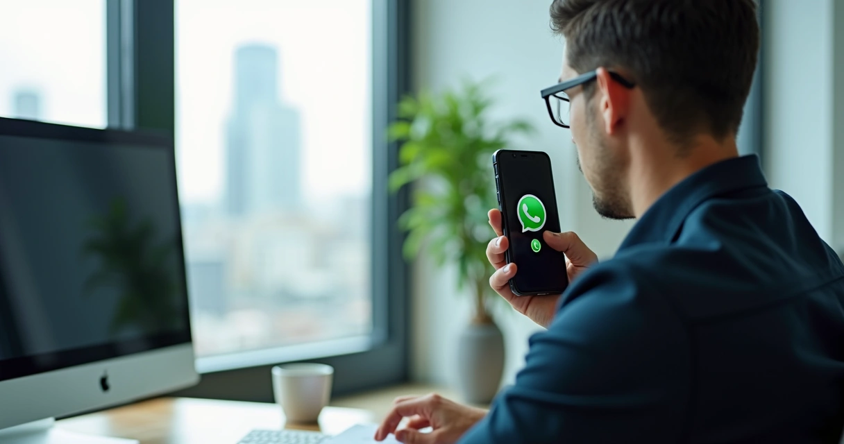 Pessoa gravando mensagem de áudio personalizada no WhatsApp em escritório 