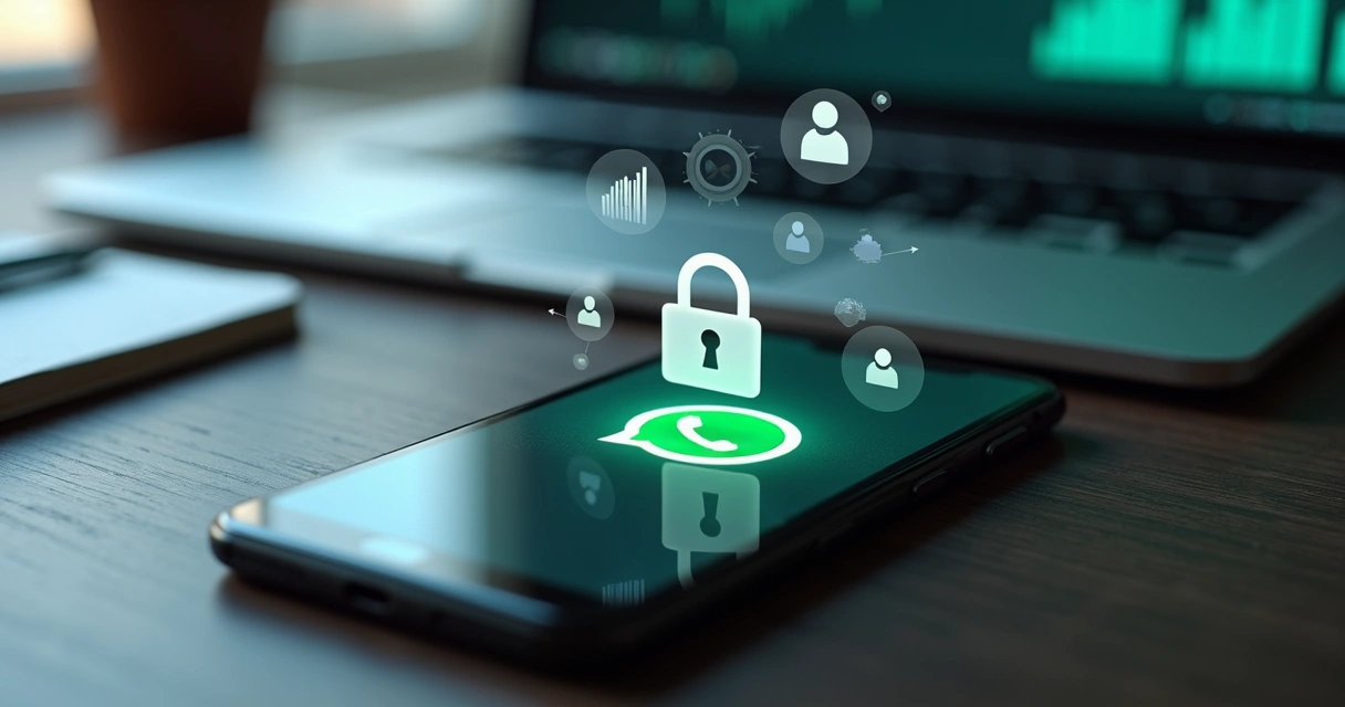 Tela de celular com WhatsApp e ícones de cadeado e marketing digital sobrepostos 