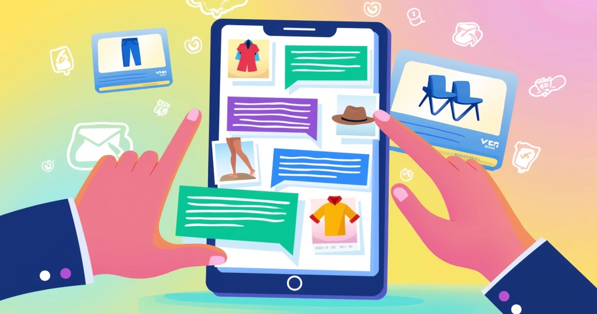 Ilustração de um chat do WhatsApp com mensagens sobre produtos e ícones de vendas em um fundo vibrante.