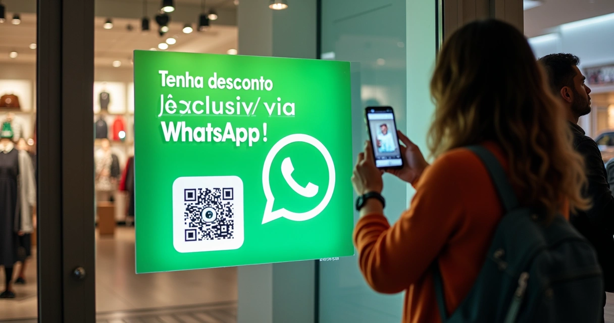 Vitrine de loja com QR code e cartaz de promoção para WhatsApp