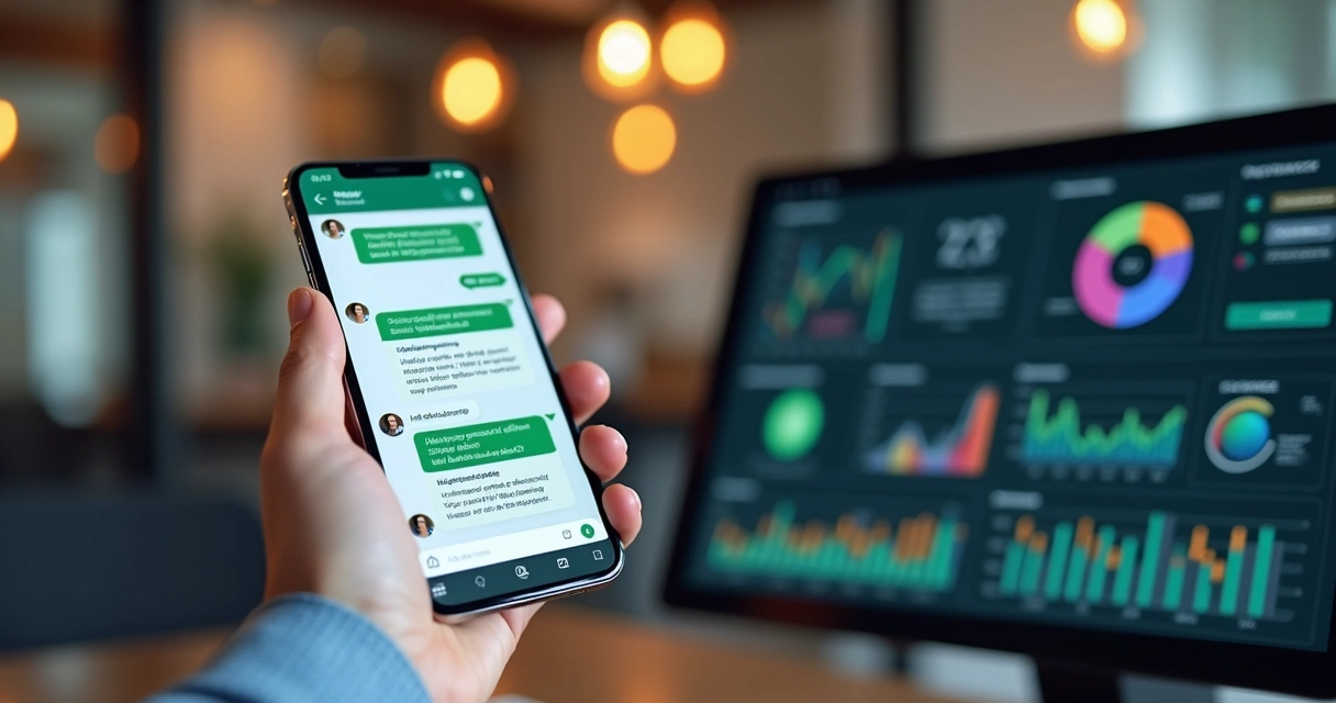 Smartphone displaying WhatsApp chat with automated qualification flow and business dashboard on the side 