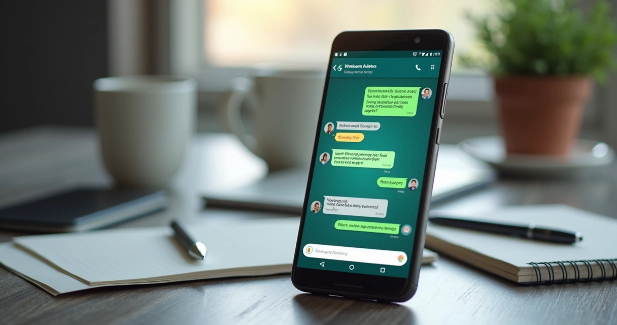 Celular exibindo conversa comercial no WhatsApp com alertas coloridos de IA 