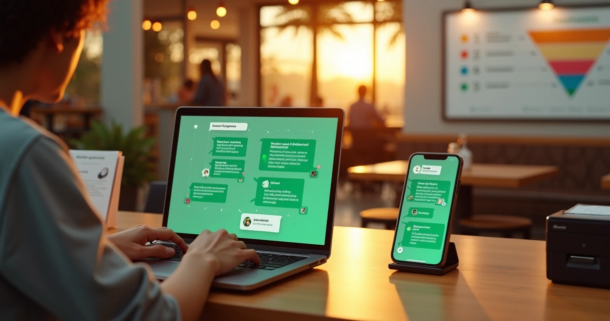 Gestora de restaurante planejando régua de mensagens no WhatsApp em laptop 