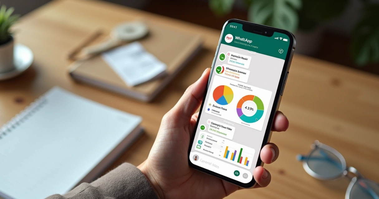 Celular mostrando relatório financeiro no WhatsApp com gráficos coloridos 