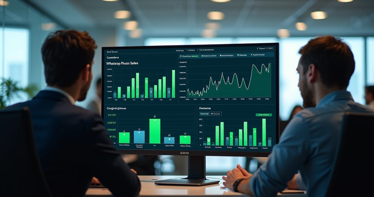Gráfico de vendas semanais exibido em uma tela de computador com interface moderna, destaque em barras verdes e números, fundo neutro claro. 