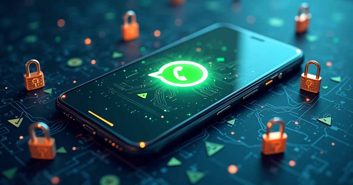 Visão gráfica mostrando riscos de aplicativos paralelos no WhatsApp, como cadeados quebrados e ícones de alerta