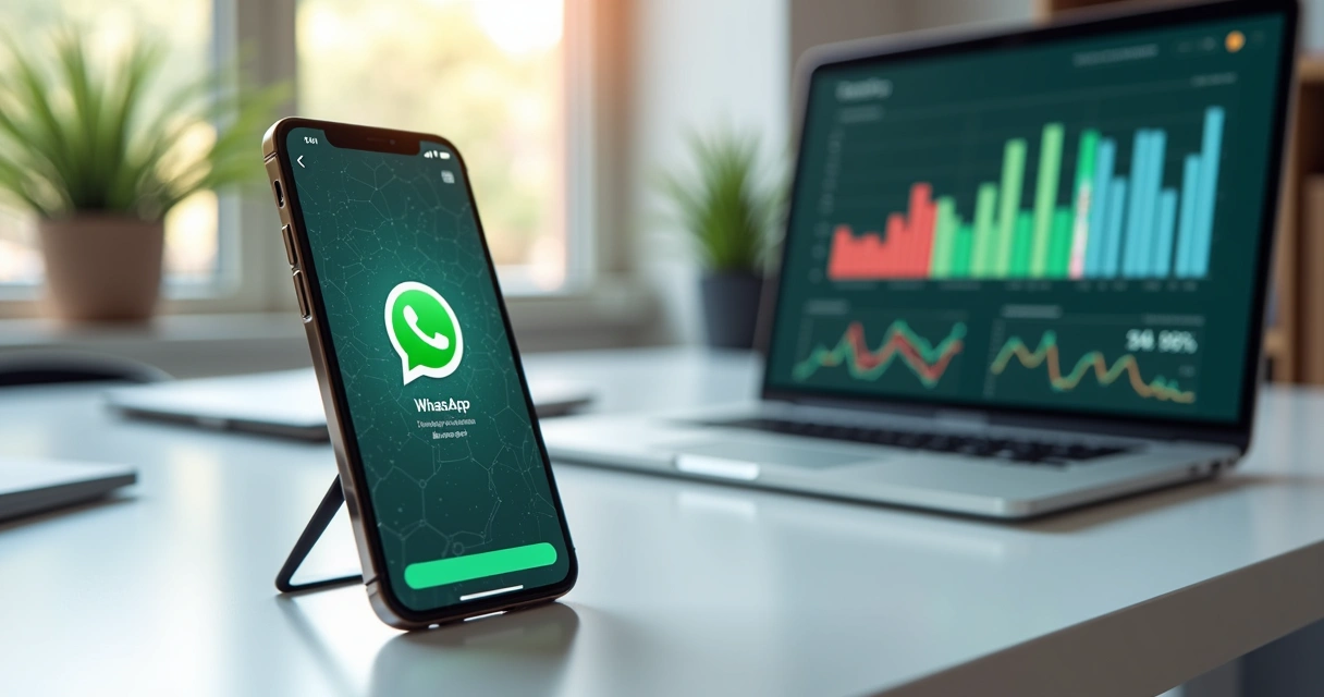 Smartphone screen showing a WhatsApp chat with a sales chatbot and a digital dashboard displaying customer and sales data on the side 