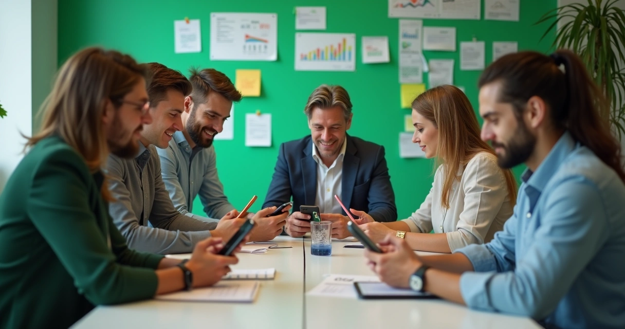 Equipe de vendas reunida usando WhatsApp para automatizar atendimento