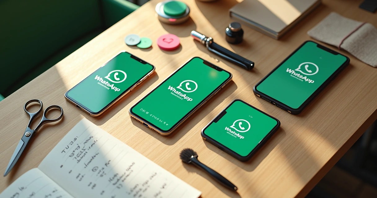 Mural de mensagens de boas-vindas de salão exibidas em smartphones sobre mesa de trabalho de beleza 