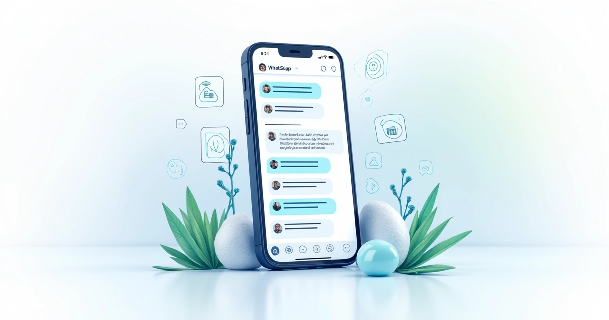 Ilustração de interface de WhatsApp exibindo scripts padronizados de atendimento. 