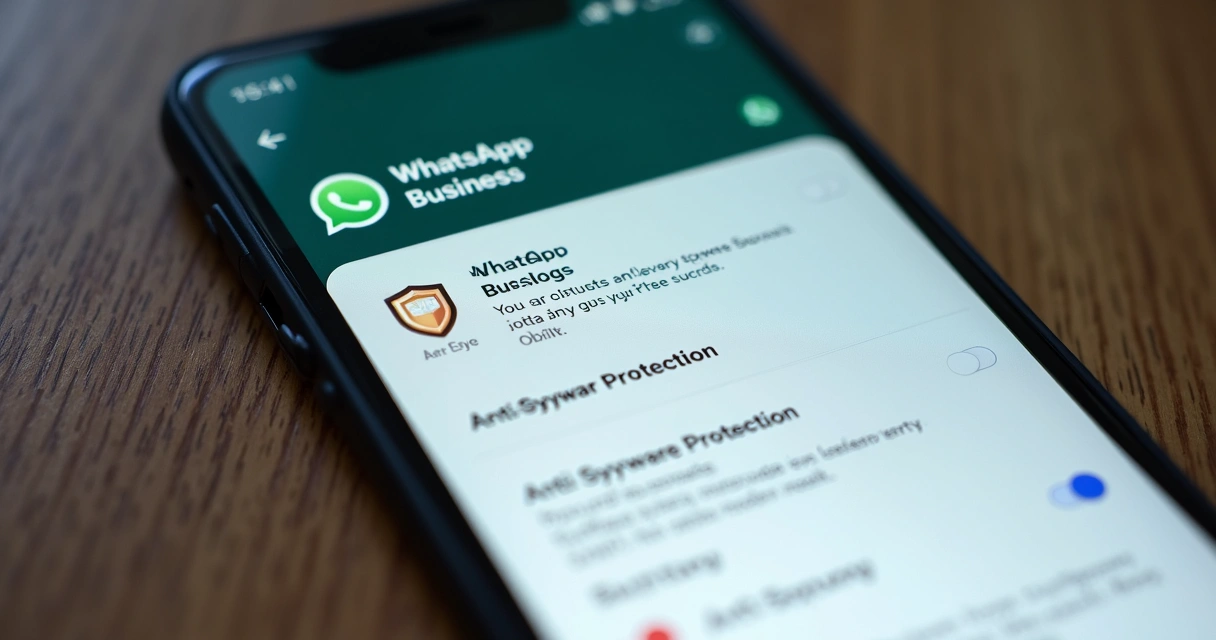 Painel do WhatsApp Business mostrando ativação da proteção anti-spyware 