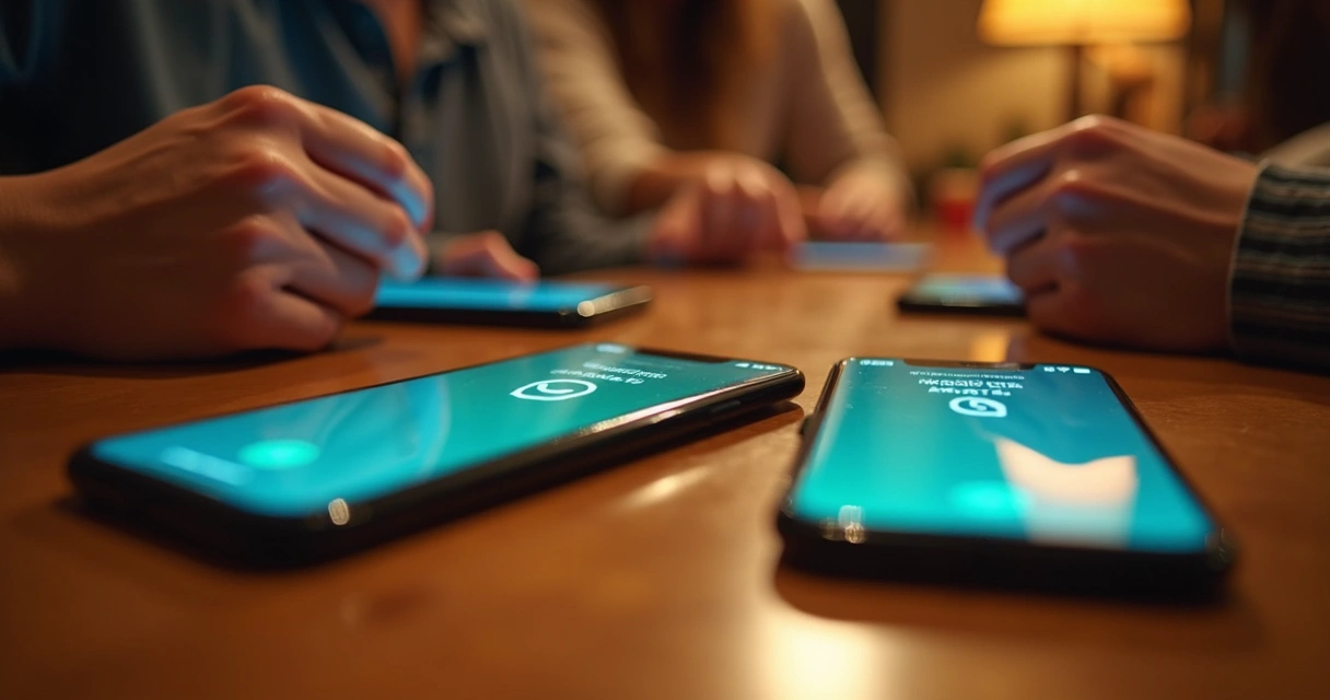 Celulares exibindo grupo do WhatsApp com aviso de arquivo recebido 