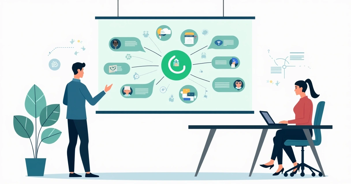 Gestor observando mapa mental de serviços complexos conectados ao WhatsApp com IA 