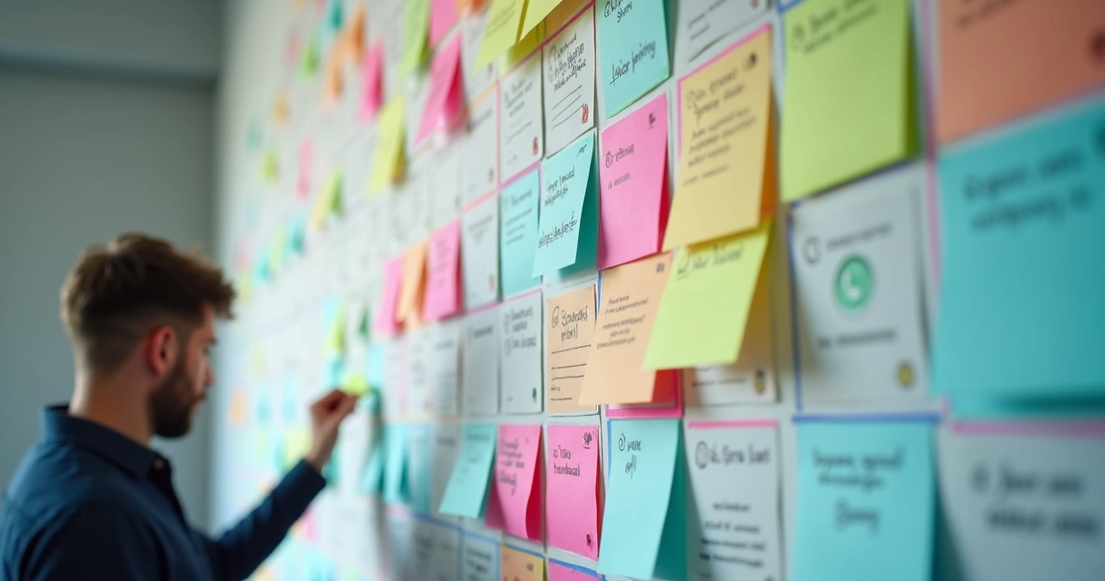 Mural com contatos em cartões coloridos organizados por tags de WhatsApp 