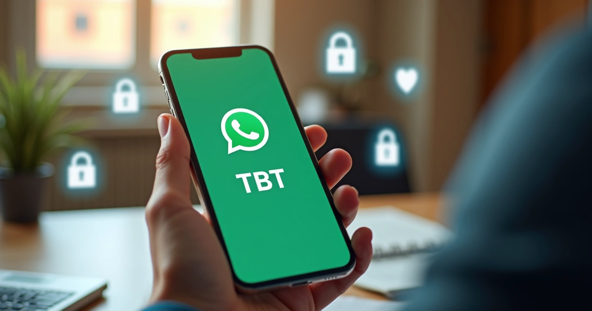 Celular exibindo conversa do WhatsApp com mensagem usando a sigla TBT e elementos visuais de segurança digital 
