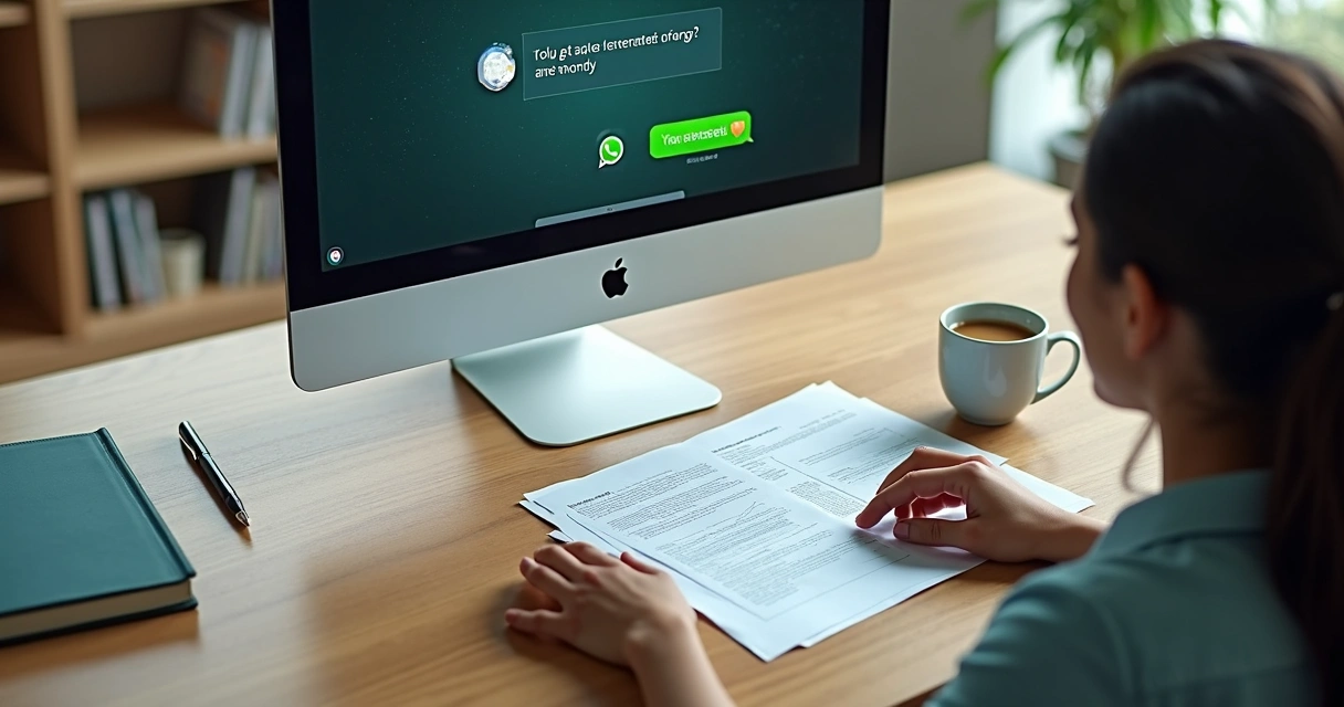 Pessoa no escritório olhando para tela do computador com conversa do WhatsApp aberta e documentos ao lado 