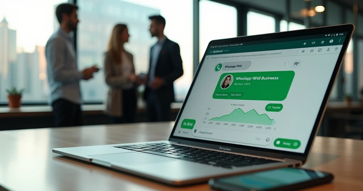 Executivo de vendas usando WhatsApp Web em negociação B2B com gráficos de crescimento ao fundo 